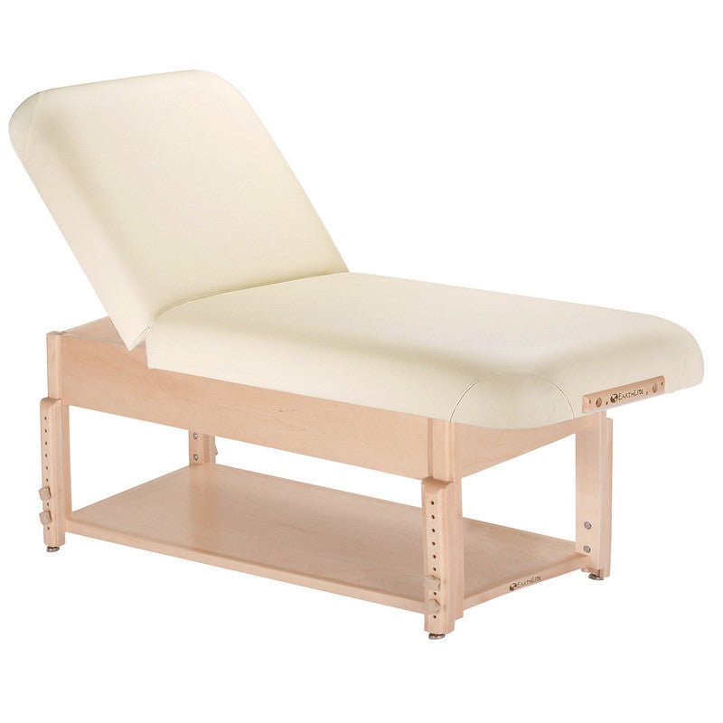The EarthLite SEDONA TILT Stationary Massage Table features an adjustable backrest and wood frame.