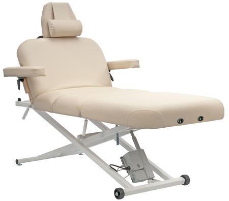 Custom Craftworks PRO DELUXE beige massage table with armrests, headrest, and metal frame.