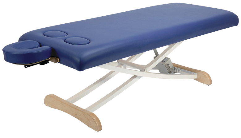 Custom Craftworks ELEGANCE BASIC Electric Lift Table in blue with face cradle and sturdy legs.