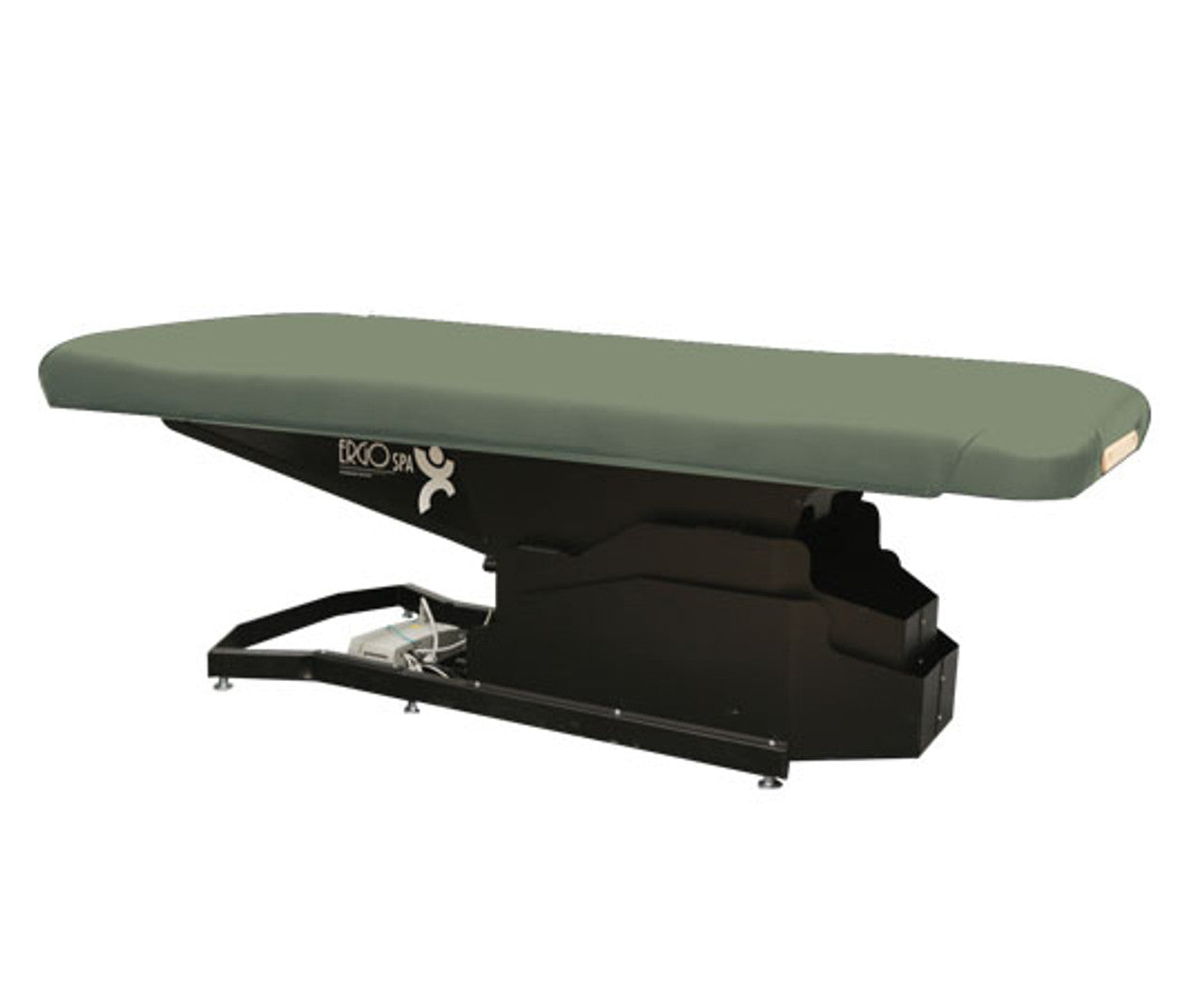 Custom Craftworks ERGOSPA BASIC green electric table with black base, side view on white background.