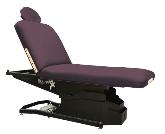 Custom Craftworks ERGOSPA LIFT BACK electric table, purple/black, ideal for spa treatments.