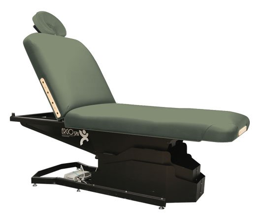 Custom Craftworks ERGOSPA LIFT BACK green electric table with adjustable backrest and black base.