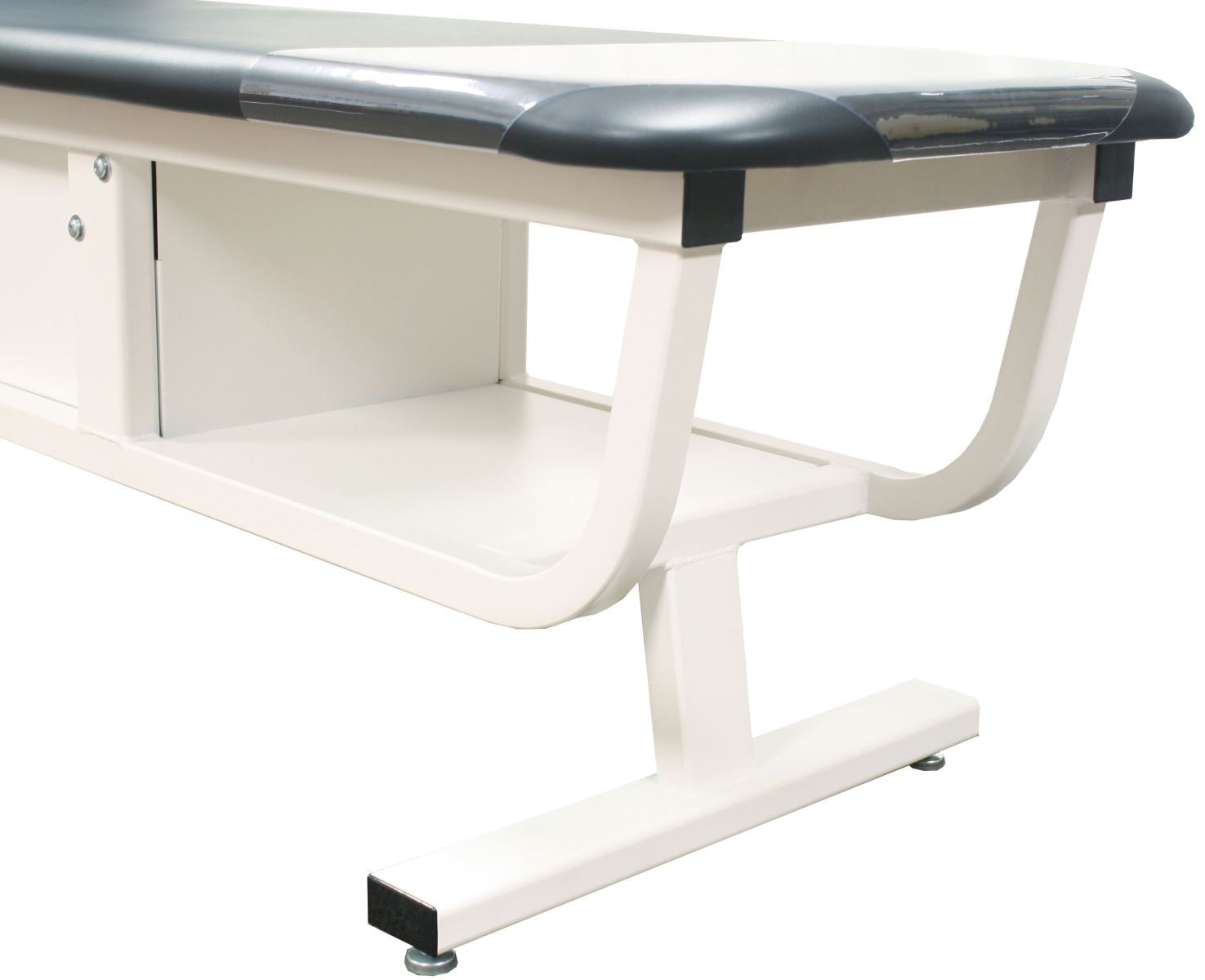 Close-up of the PHS Chiropractic ERGOWAVE EW9080 massage table with metal frame and shelf.