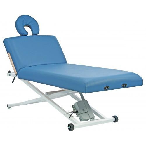 Custom Craftworks Pro Lift Back massage table with headrest and sturdy wheeled metal frame.