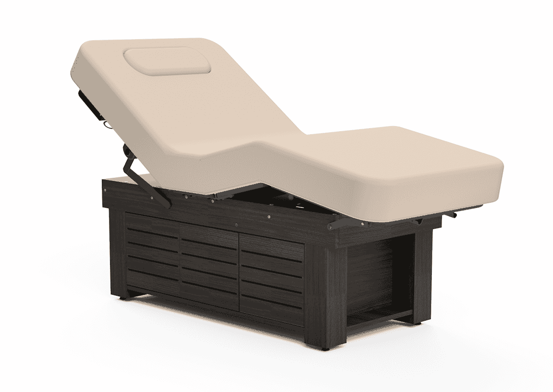 Oakworks CLODAGH Gemini Electric Salon Top spa bed with padded cushion and dark wood base.