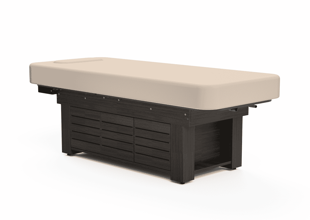 Oakworks CLODAGH Gemini Flat Top massage table with beige cushion and dark wood base.