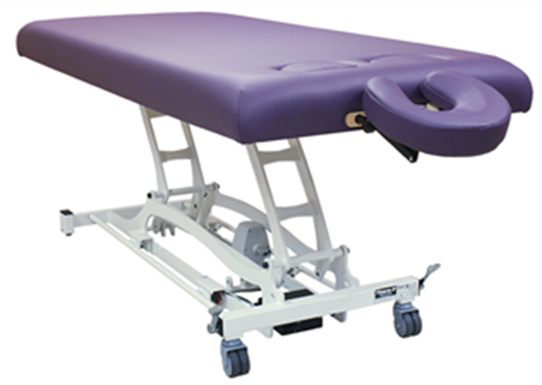 Custom Craftworks HANDS FREE BASIC Lift Table: purple, face cradle, wheels, dual foot bar.