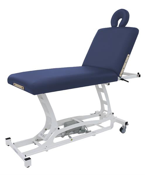 Custom Craftworks HANDS FREE LIFT BACK Table with blue padding, face hole, and wheeled frame.
