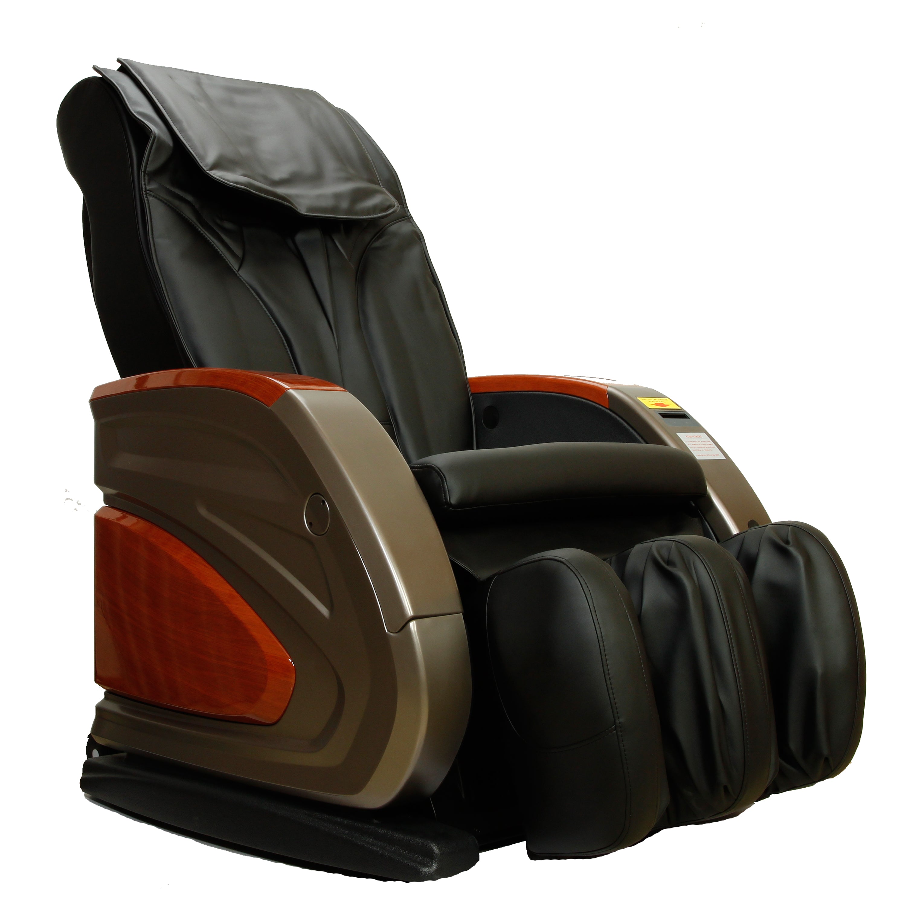 Infinity IT-6900 Vending Massage Chair by Infinity, black and brown with foot and armrests.