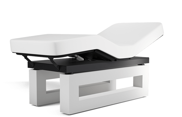 Oakworks Spa ICON Table, adjustable, white, with raised head and optional vibroacoustic system.