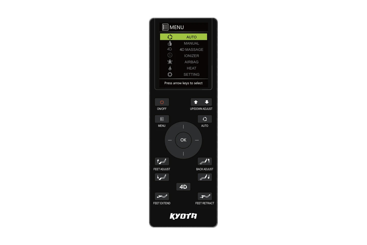 Kyota remote for Kansha M878 4D chair, with display and labeled buttons for menu options.