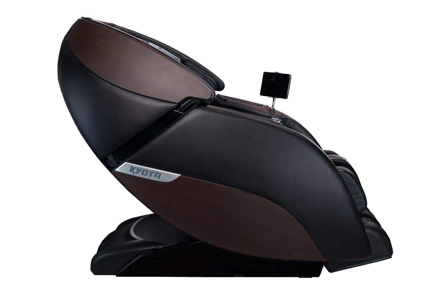 A black and brown Kyota Nokori M980 Syner-D massage chair with control tablet attached.