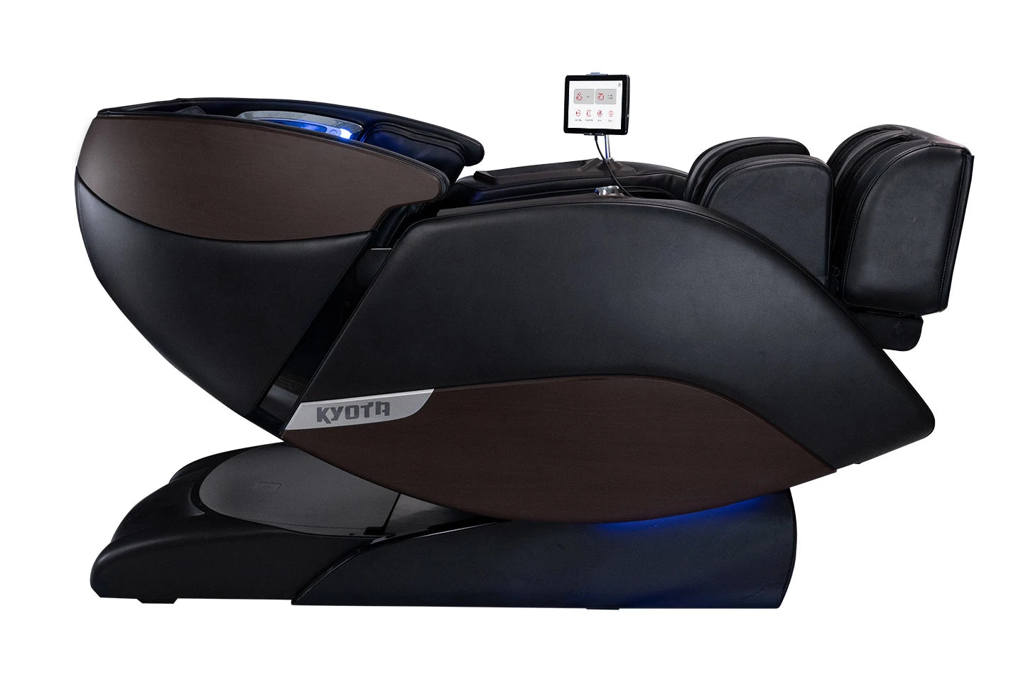 A side view of a black/brown Kyota Nokori M980 Syner-D Electric Massage Chair, preowned.
