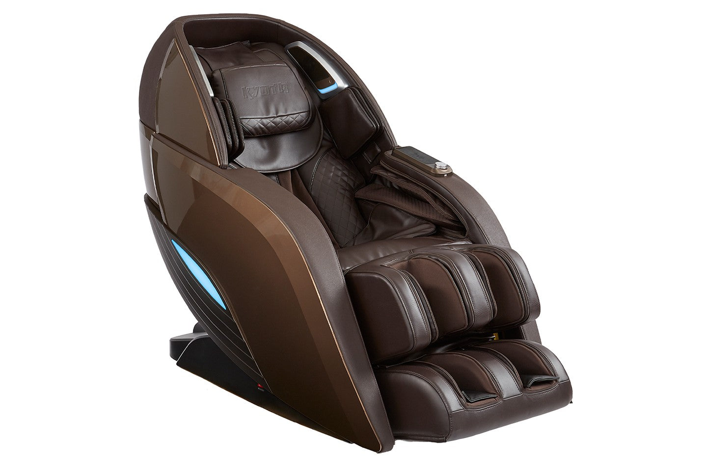 Certified preowned Kyota Yutaka M898 4D massage chair with padded seat and blue LED sides.