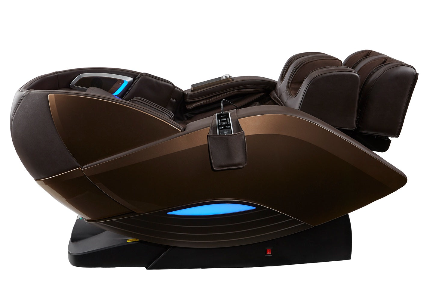 Kyota Yutaka M898 4D Massage Chair, brown, reclining, remote, side view, white background.