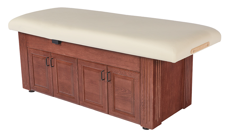 Custom Craftworks M100 Electric Spa Table, cream top, storage cabinets, by Custom Craftworks.
