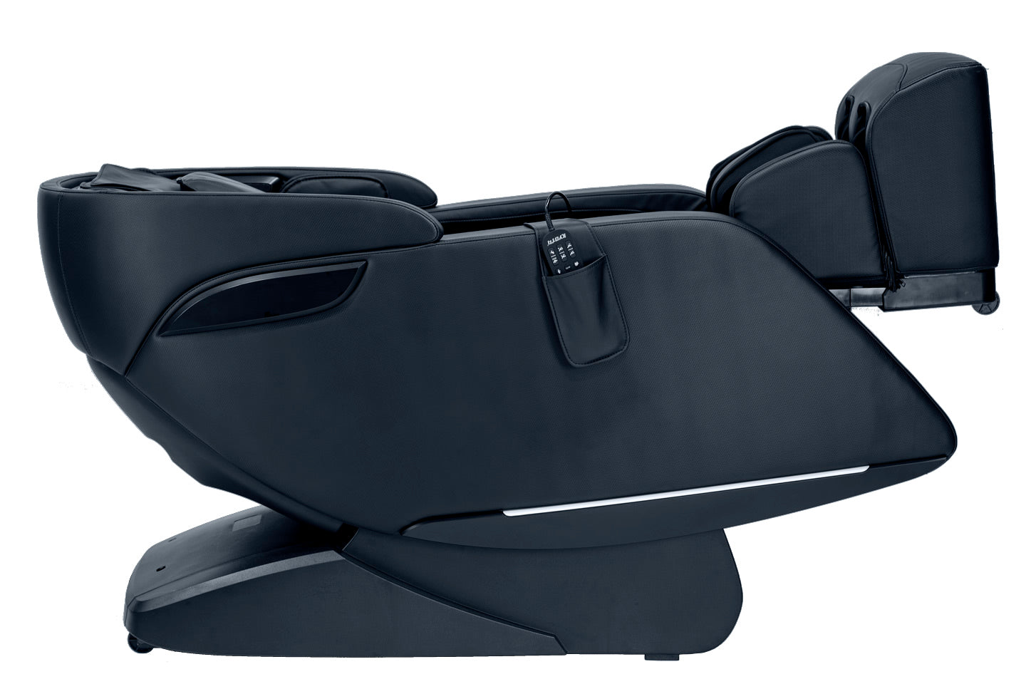 Kyota Genki M380 black massage chair with footrest, remote, and voice command control.