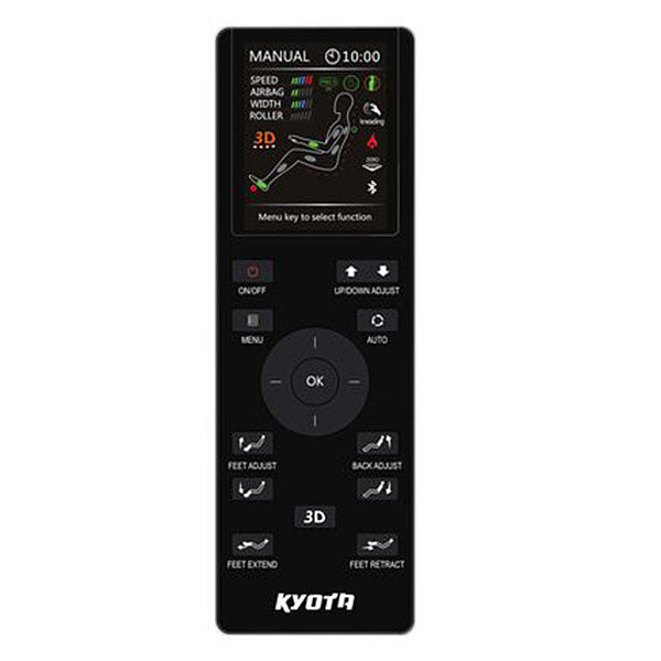 Kyota YOSEI M868 4D chair remote: display screen, zero gravity, labeled buttons.