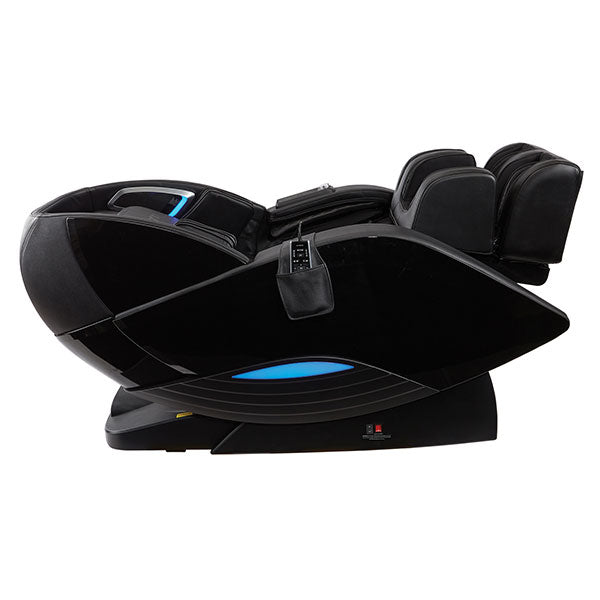 Certified preowned Kyota Yutaka M898 4D massage chair, black with blue lights, side view.