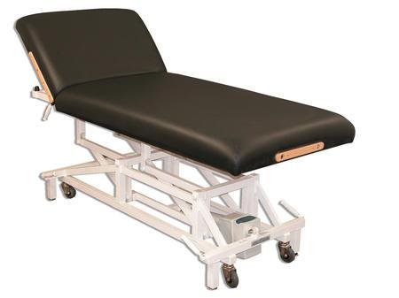 Custom Craftworks MCKENZIE electric lift back massage table with white frame and wheels.