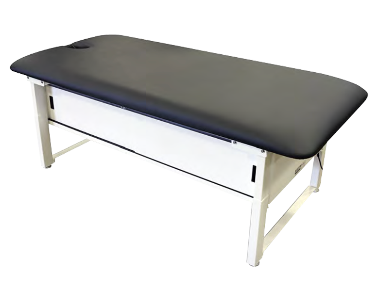PHS Chiropractic PHS ME2000 elevating treatment table, black with face hole and white frame.