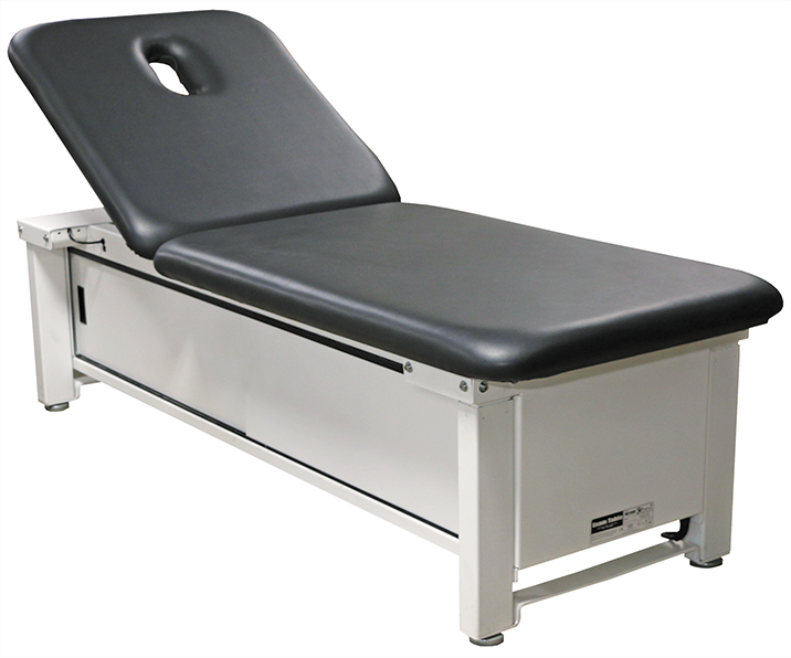 PHS Chiropractic ME2000 black & white elevating table with face hole, height adjustable.