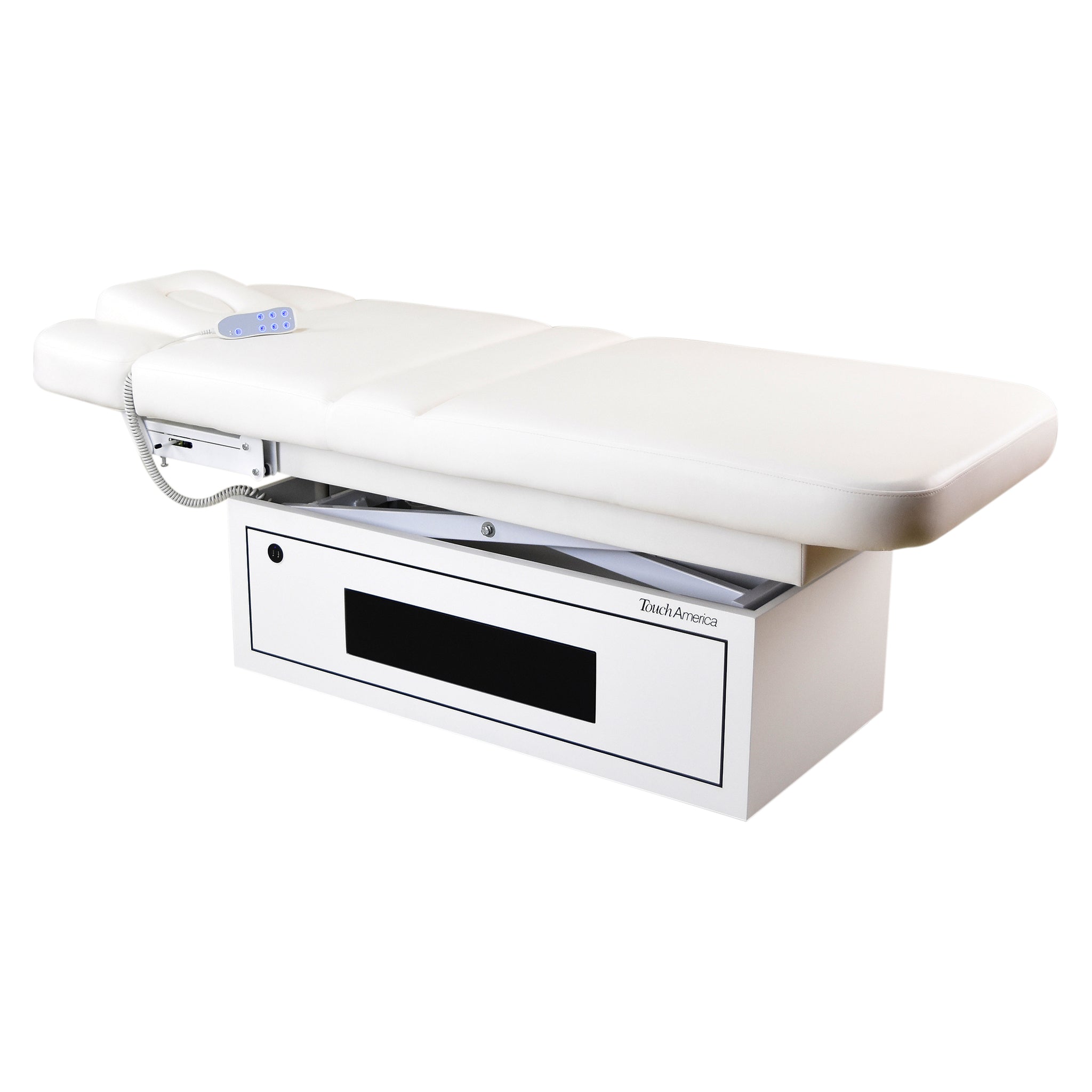 TouchAmerica MESA white adjustable treatment table with heated top and remote control.