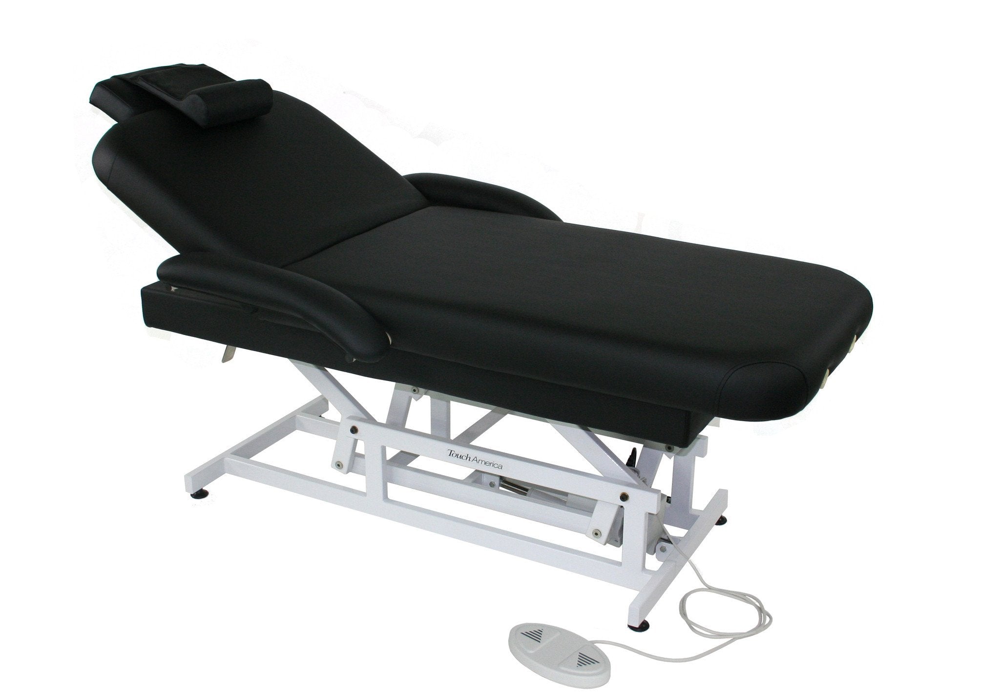 TouchAmerica HILO FACE & BODY Table: black, motorized, headrest, armrests, white electric base.