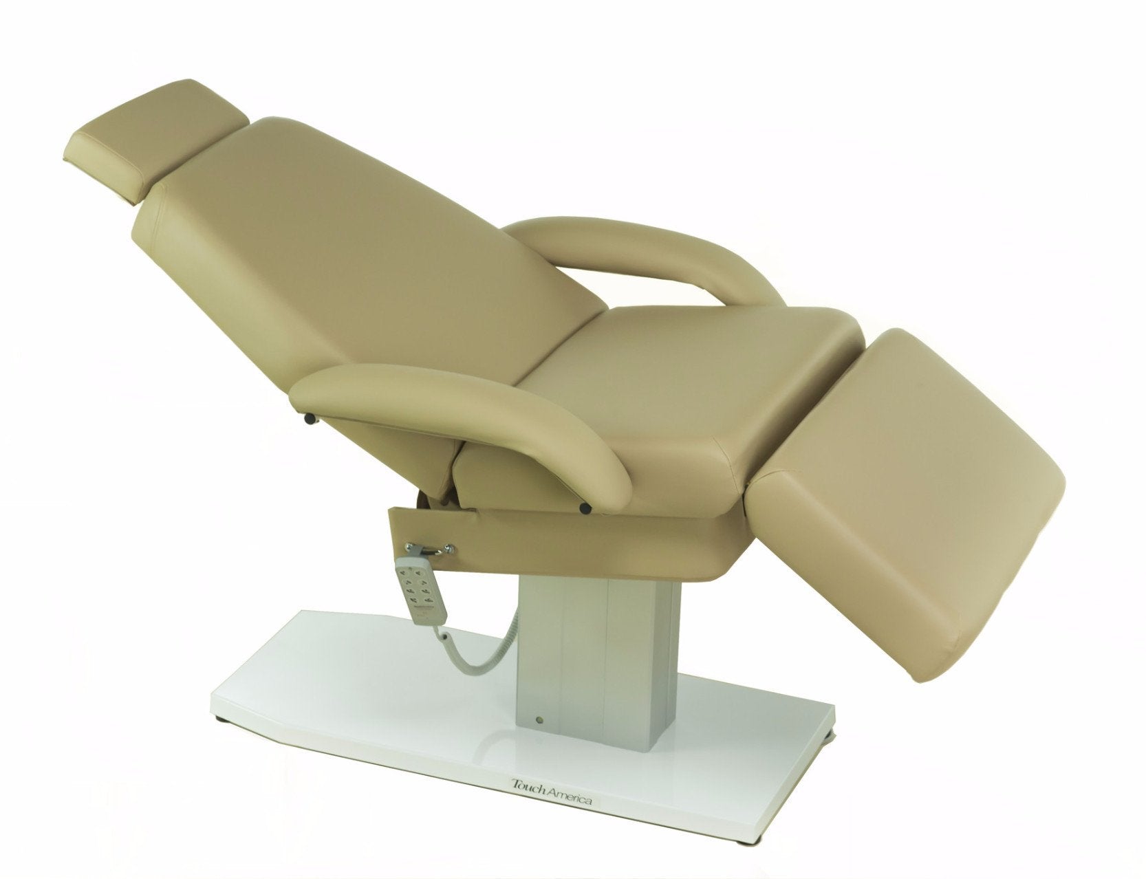 TouchAmerica EMPRESS Spa Treatment Chair with armrests, beige upholstery, white base.