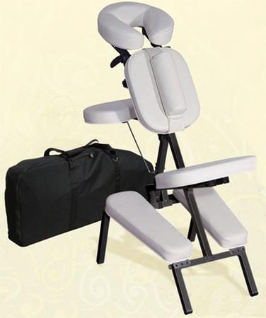 Custom Craftworks MELODY portable massage chair with padded supports and black carrying bag.