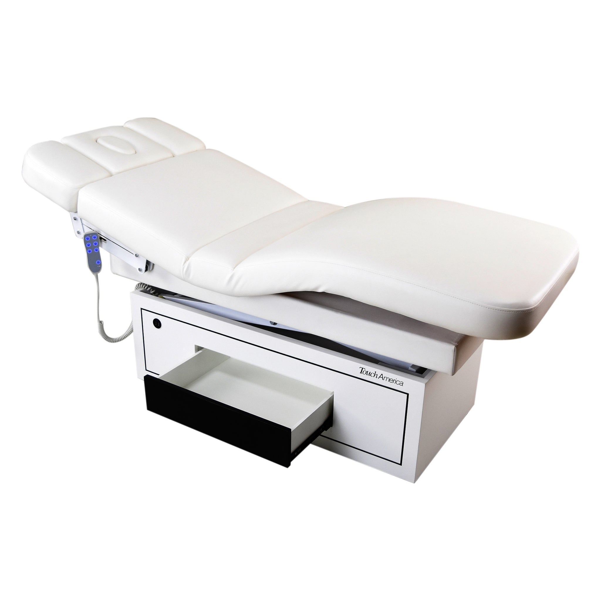 TouchAmerica MESA Treatment Table: white, adjustable, memory foam, remote, open storage drawer.