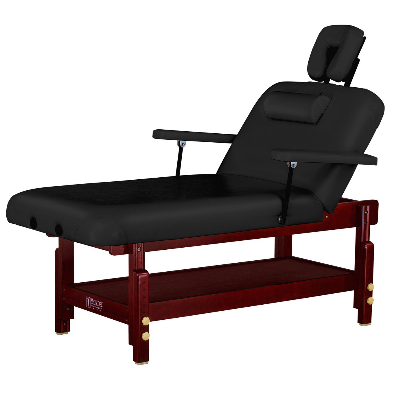 Master Massage Montclair table: memory foam, adjustable backrest, armrests, wood frame.