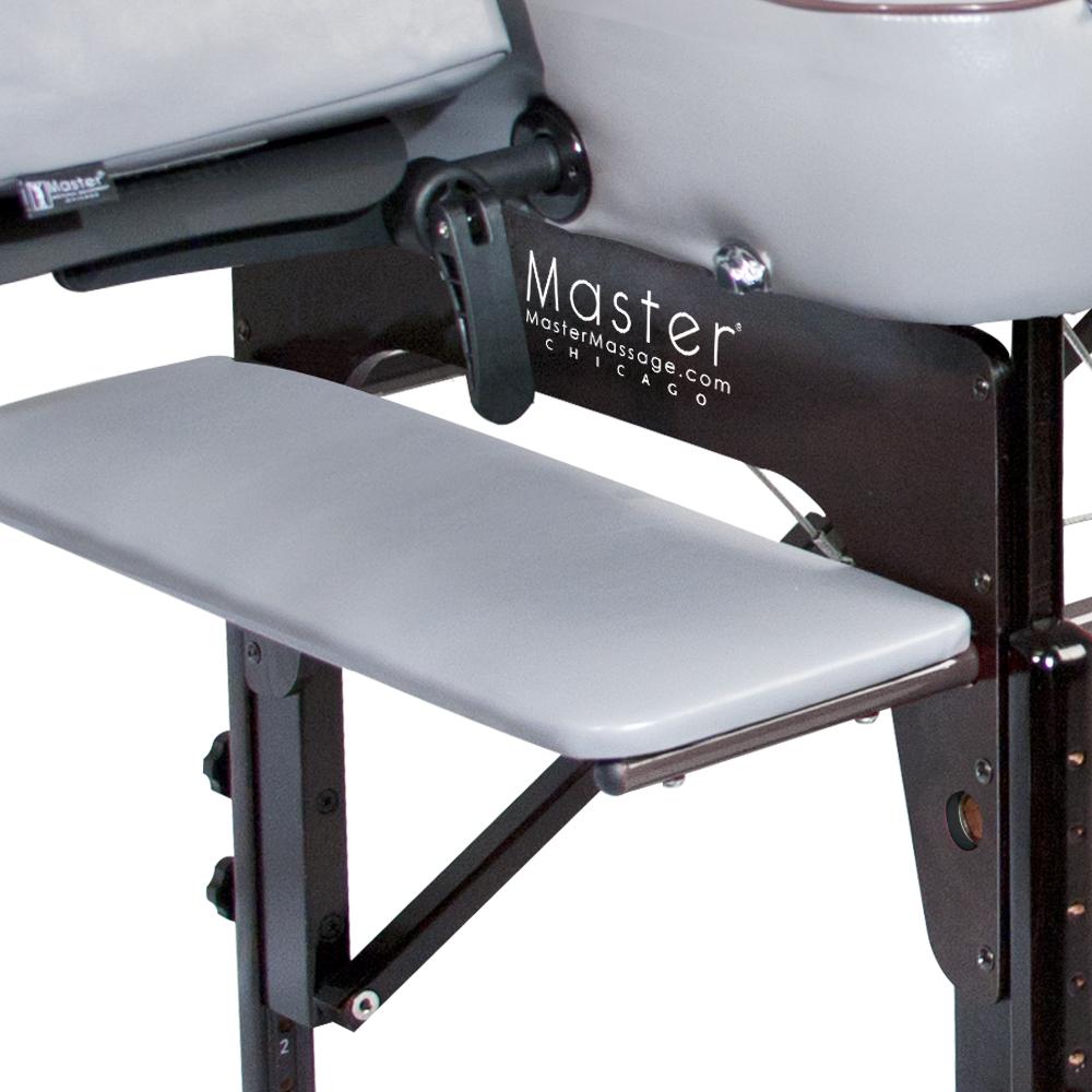 Close-up of padded memory foam armrest on Master Massage MONTOUR Massage Table frame.