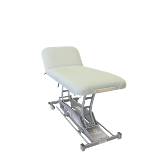 Custom Craftworks SIGNATURE SPA electric table with lift back, green cushion, metal frame.