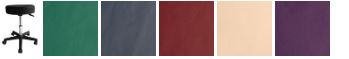 Nirvana HYDRAULIC Stool in black vinyl, pictured with green, gray, red, beige & purple fabrics.