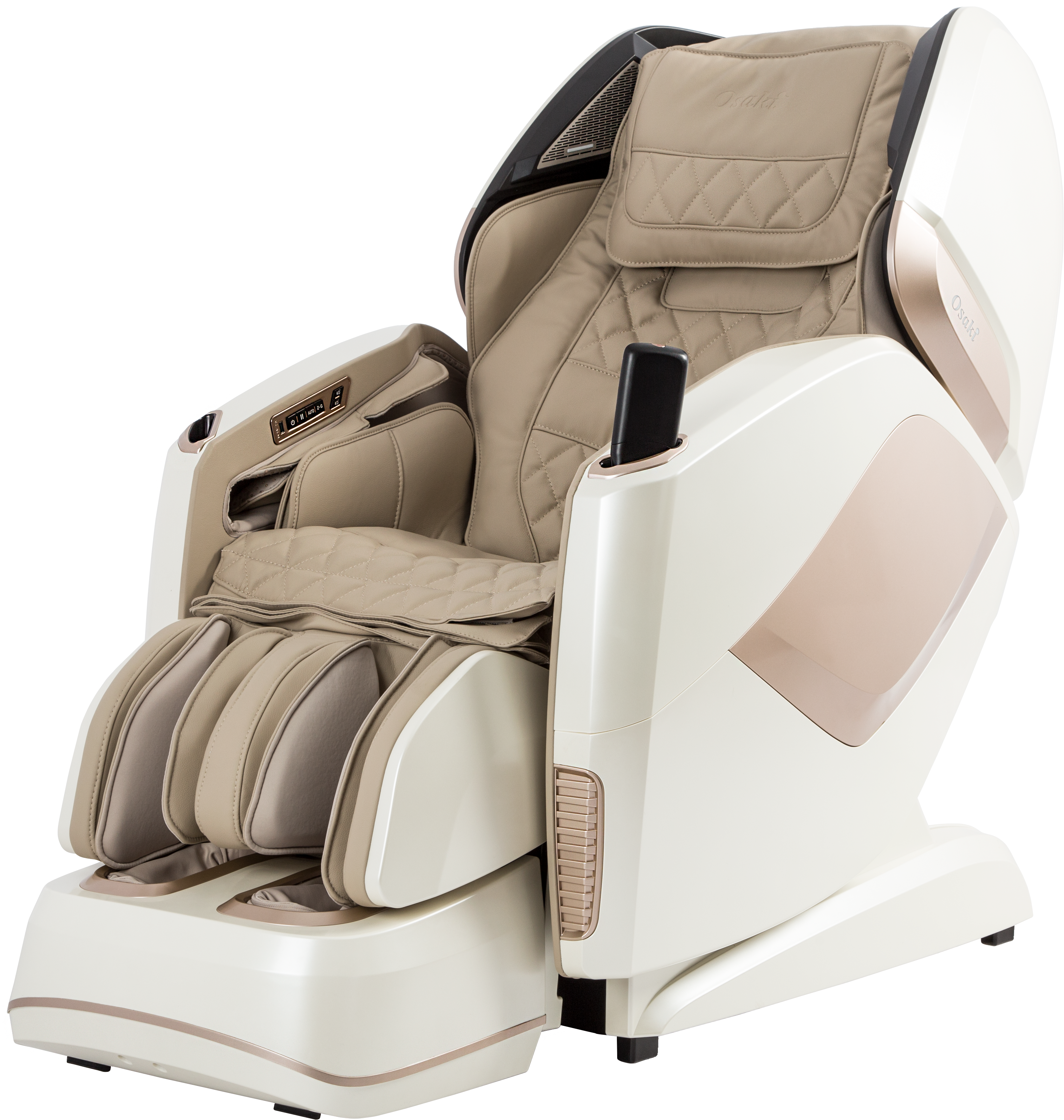 The Osaki OS-PRO Maestro is a modern beige and white 4D massage chair with electronic controls.