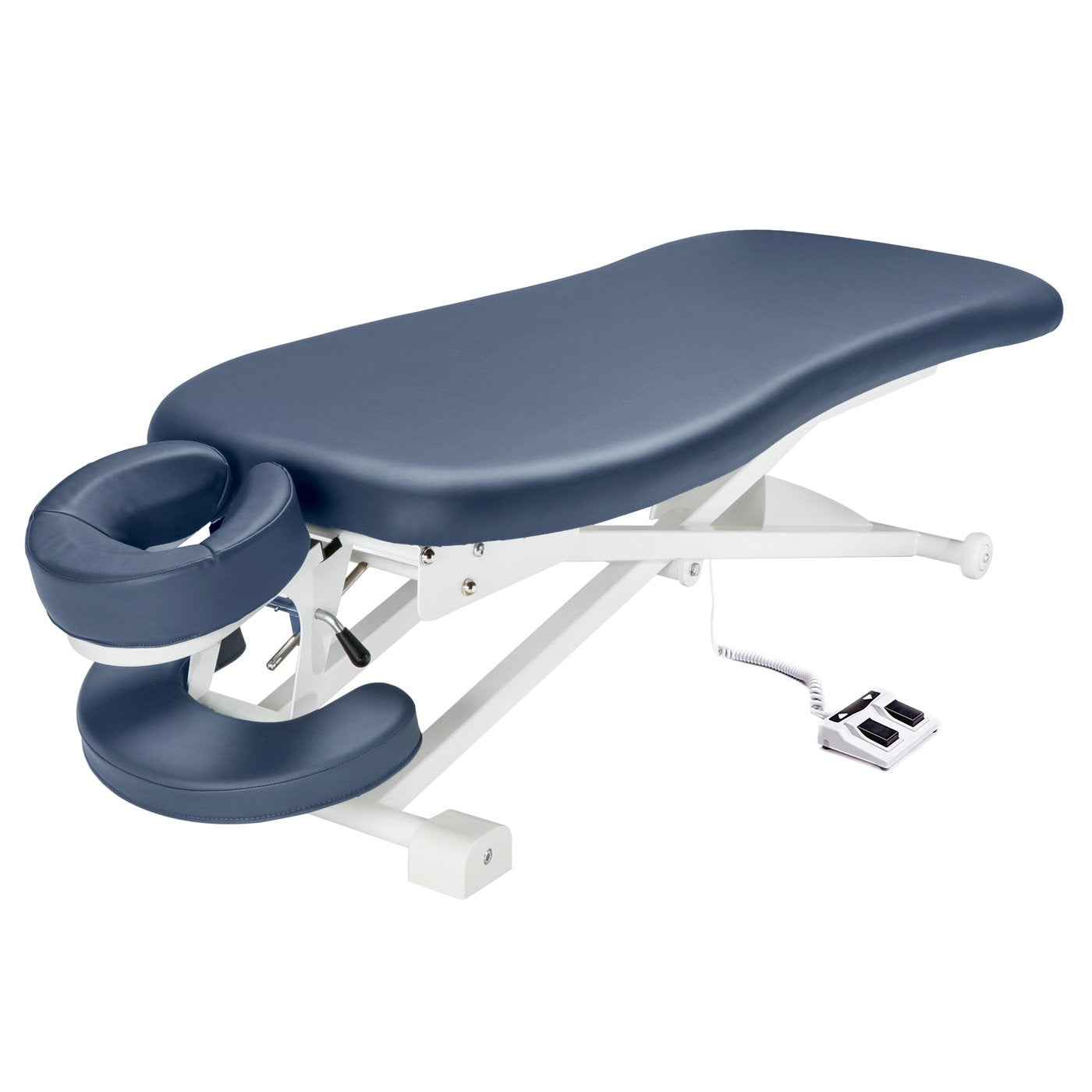 Master Massage 29” TheraMaster Flat Electric Powerlift Table in royal blue, adjustable headrest.