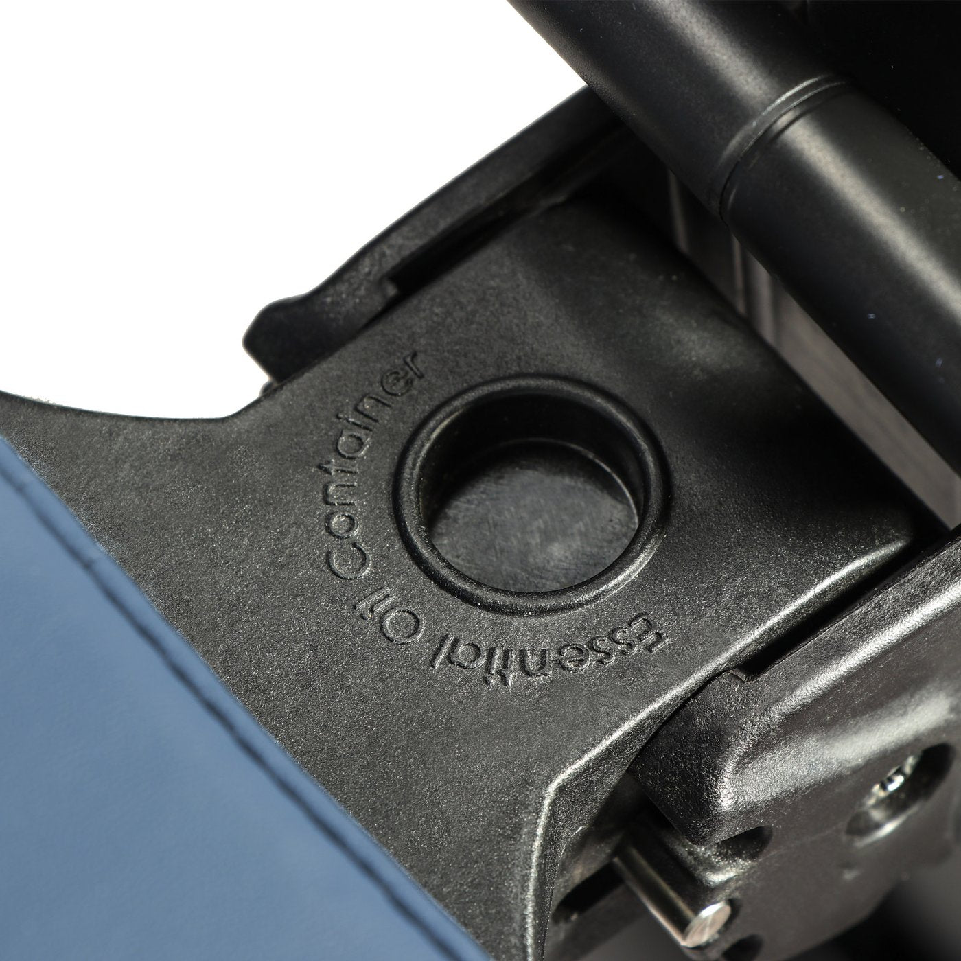 Close-up of a plastic lid labeled beside a Master Massage Gymlane Portable Massage Chair.