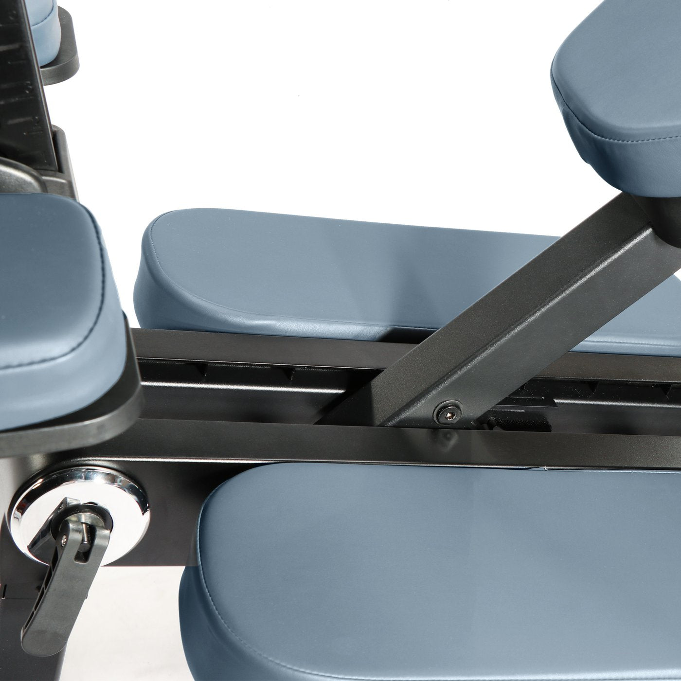 Close-up of the Master Massage Gymlane Portable Massage Chair in royal blue with metal frame.