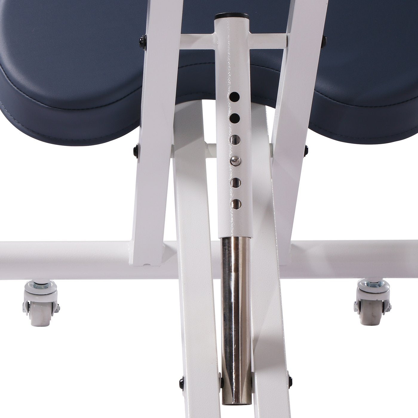 Close-up of Master Massage’s cream Steel Kneeling Chair frame with wheels.