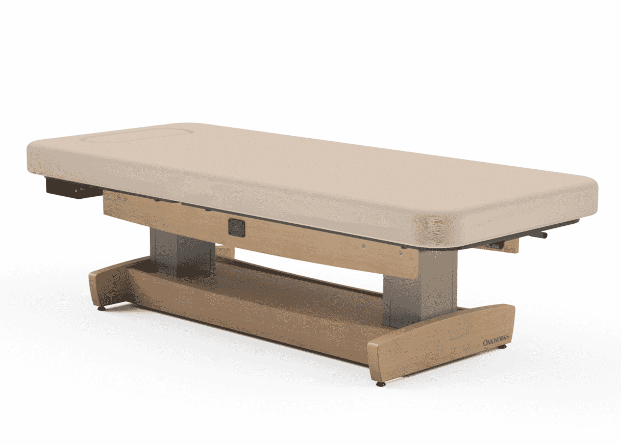 Oakworks PERFORMALIFT Flat Top Electric Lift Table—beige, wooden base, adjustable height.