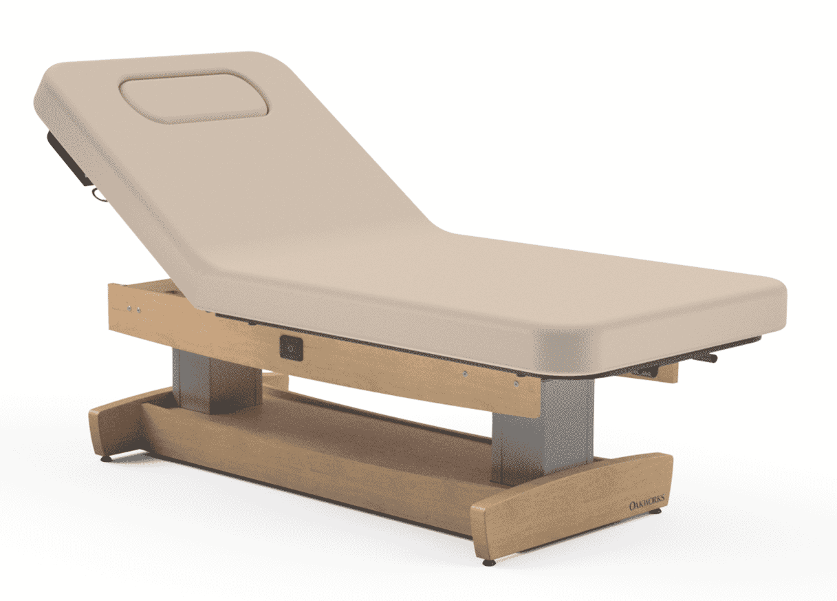 Oakworks PERFORMALIFT Lift-Assist Backrest Top with ABC, adjustable massage table, on white.