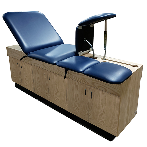 PHS Medical PT9082 exam table with blue cushions, split legs, and concealed storage cabinets.