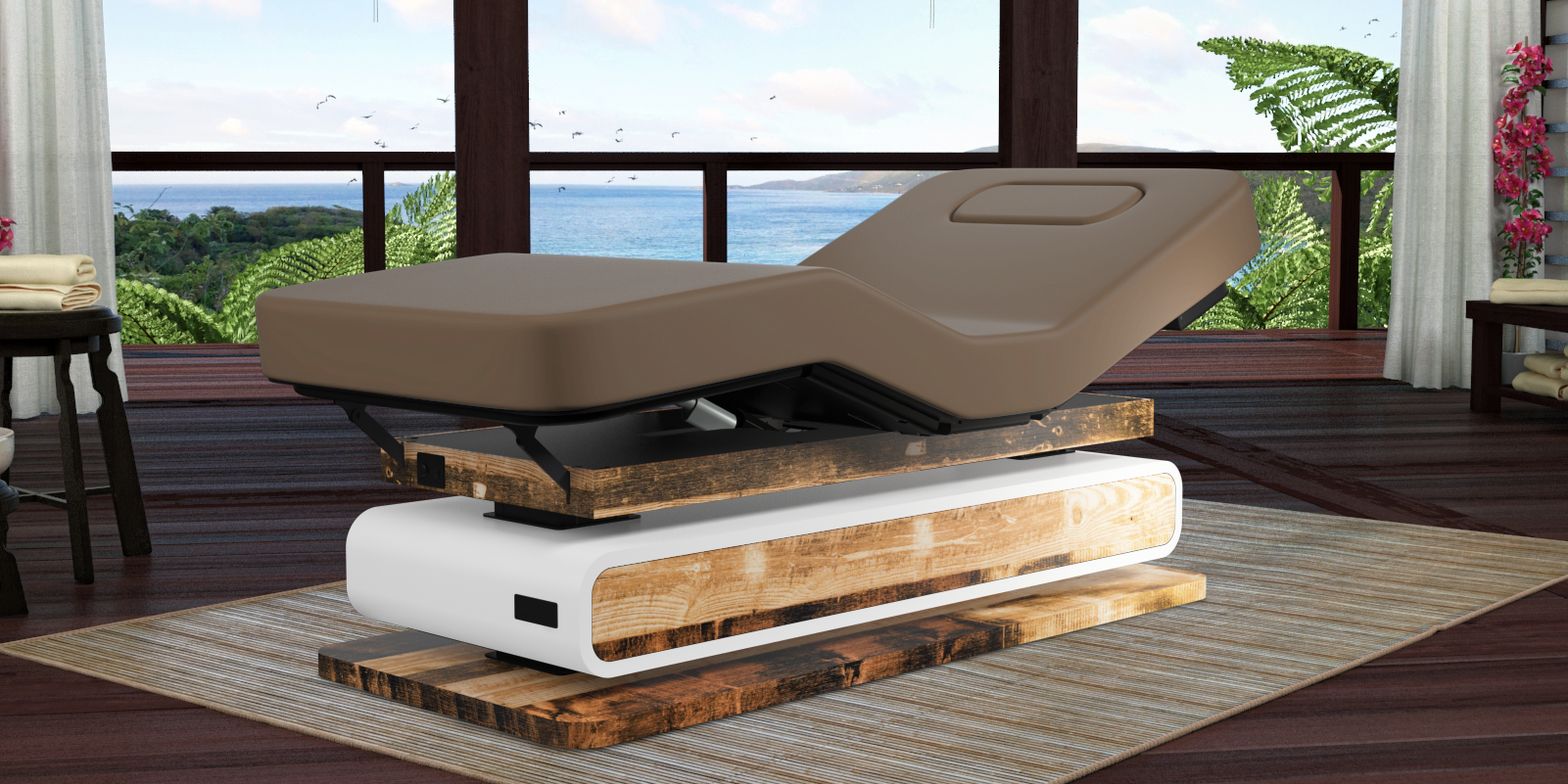 Oakworks Britta spa table in a wooden room with large windows and a scenic view.