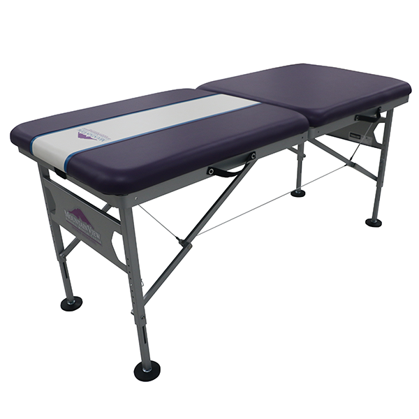 PHS Medical Portable Sideline Table in purple/white with metal legs, handle, and custom branding.