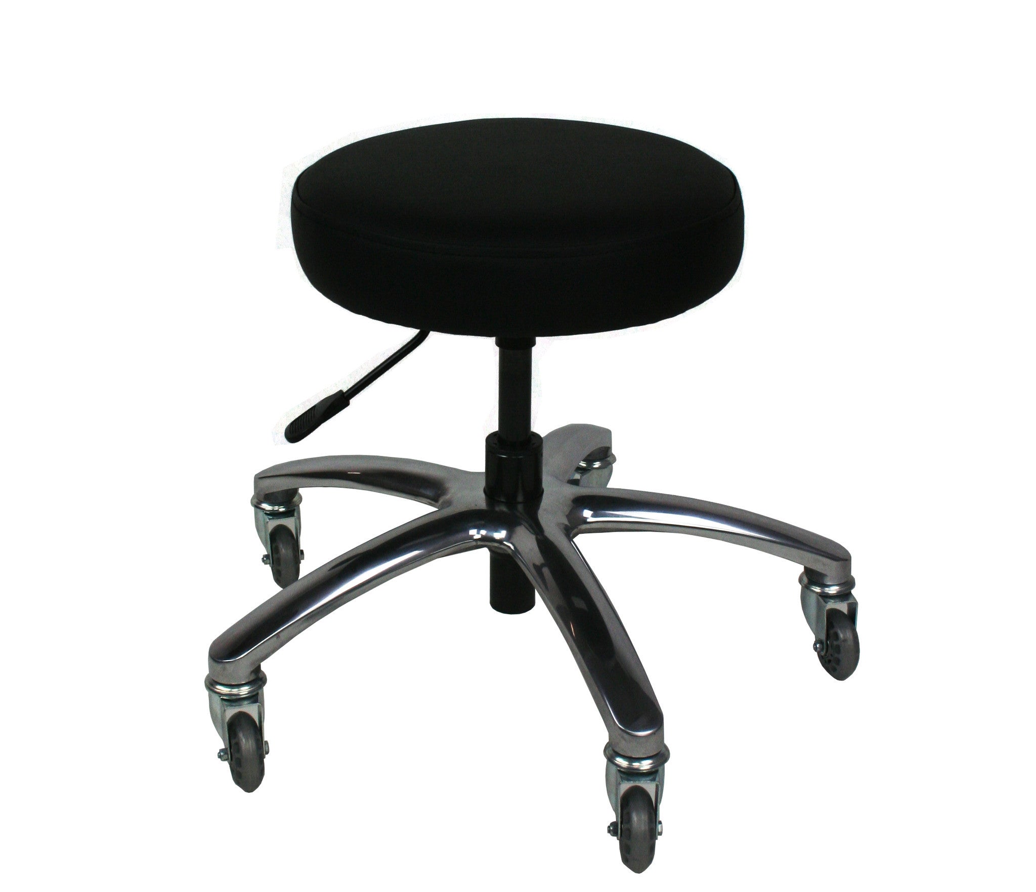 TouchAmerica ProStool: black round seat, chrome base, 5 casters, adjustable height.