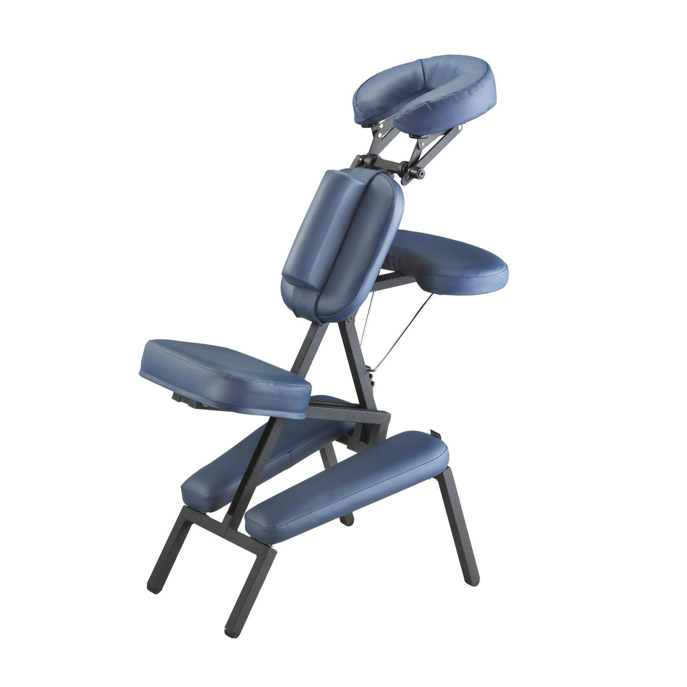 Master Massage PROFESSIONAL portable chair: blue pads, black metal frame, lightweight, pro-quality.