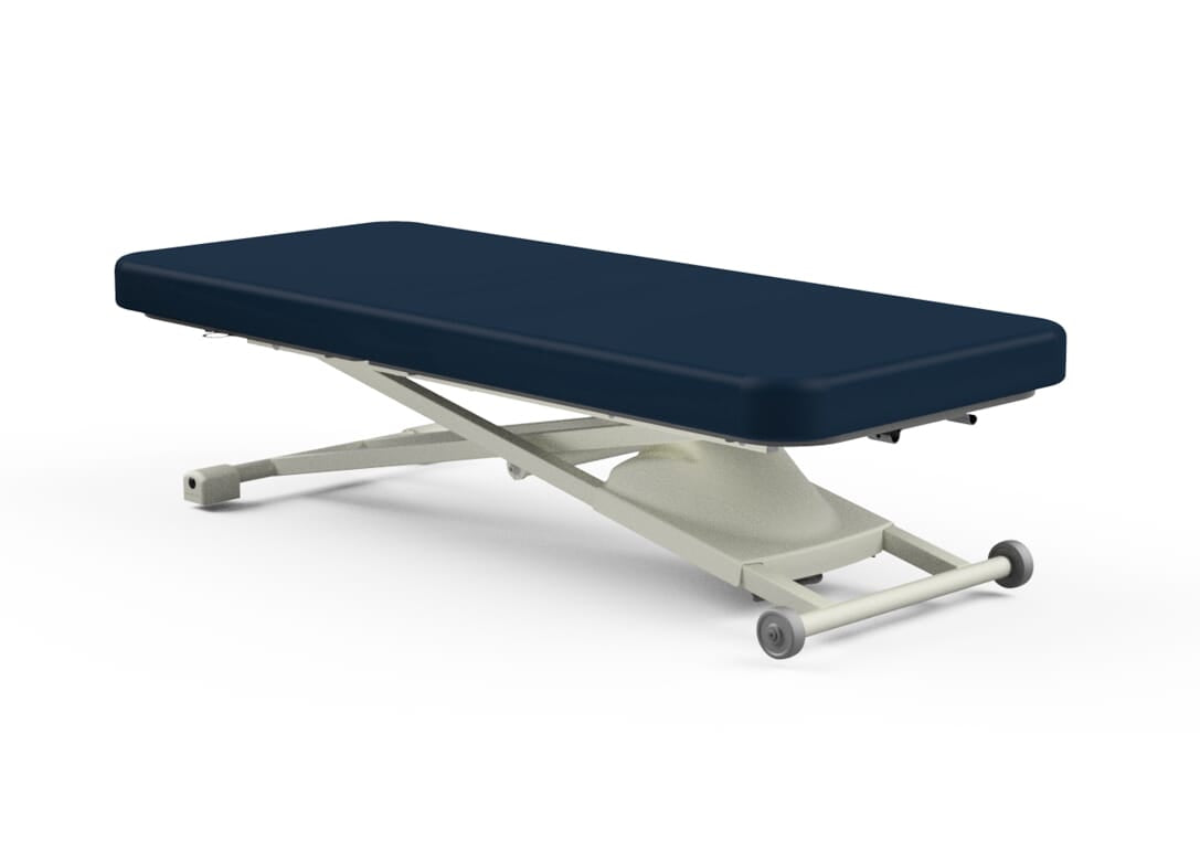 Oakworks PROLUXE Flat Top Electric Lift Massage Table with dark blue cushion and metal frame.