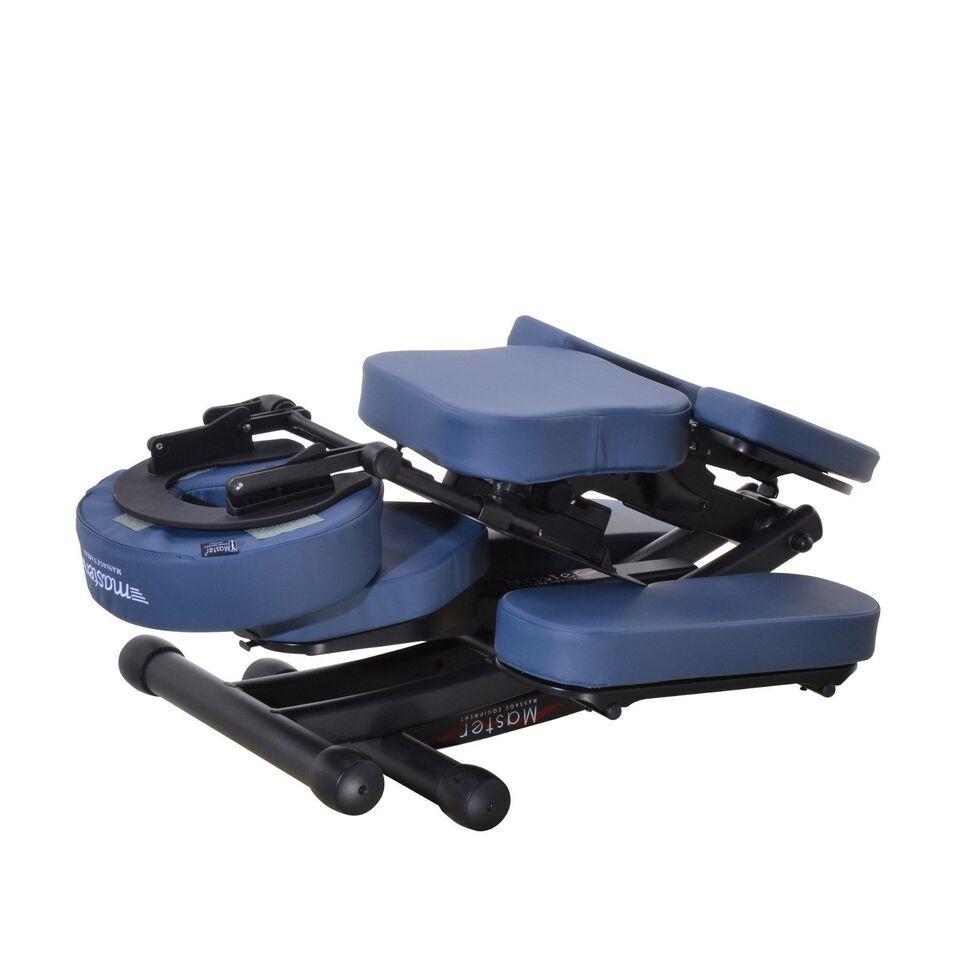 Master Massage RIO portable chair—blue, padded seat, armrest, face cradle & knee supports.