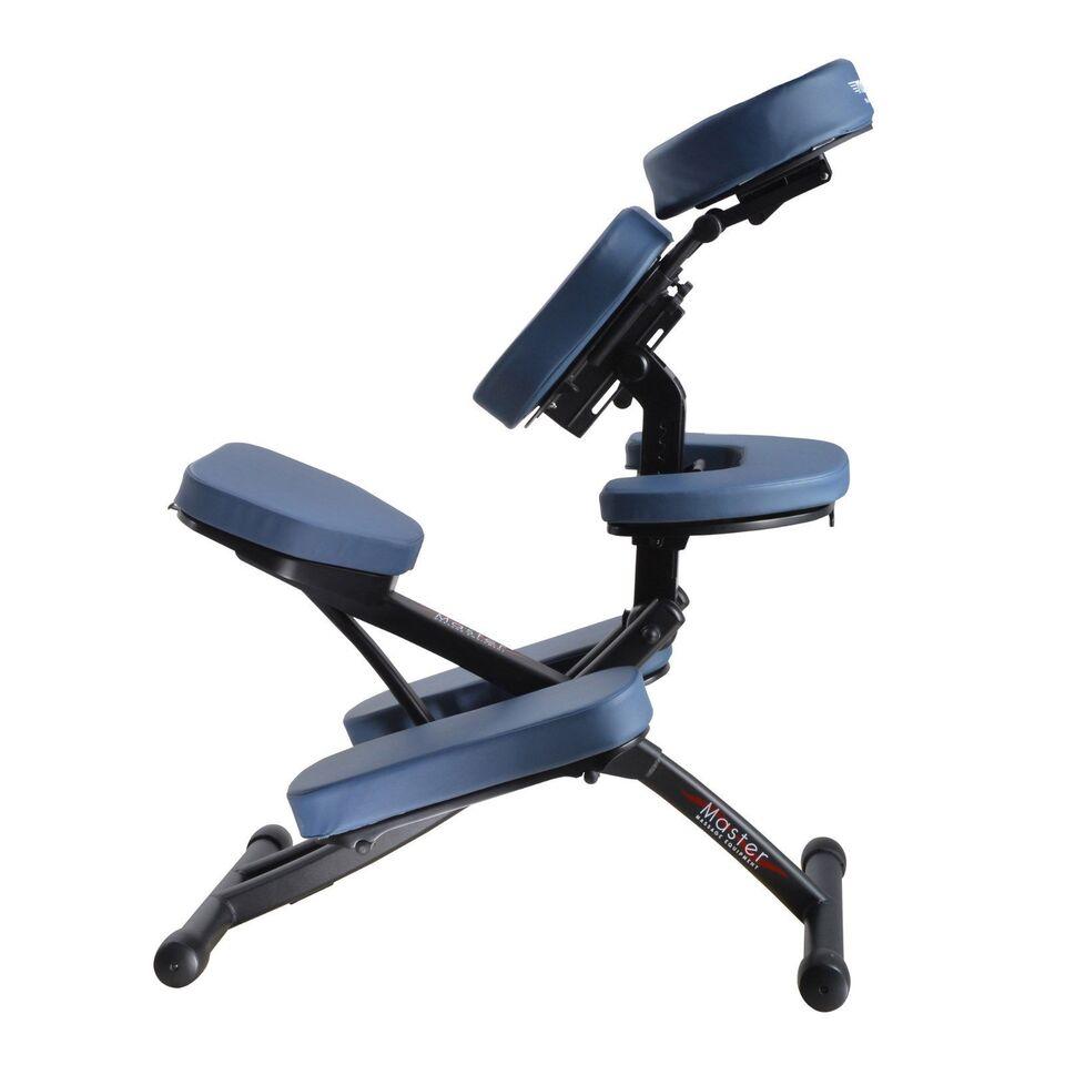 The Master Massage RIO Portable Massage Chair is ergonomic with padded supports and a black frame.